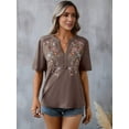 thumbnail image 3 of Mexican Shirts for Women Embroidered Traditional Summer Blouse Floral Tunic V Neck Short Sleeve T Shirt Dark Brown M, 3 of 6