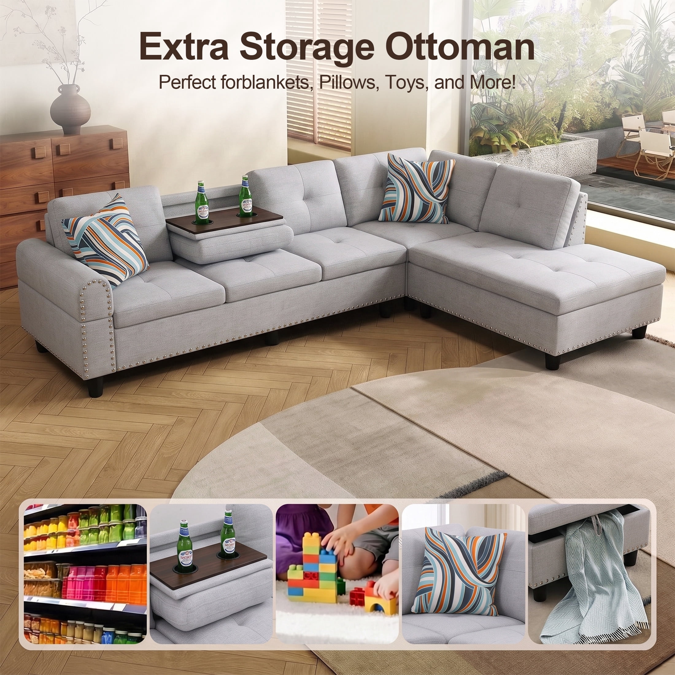 AENKYO 98" L-Shaped Sectional Sofa with Reversible Chaise and Cup Holders, Flannel, Light Gray