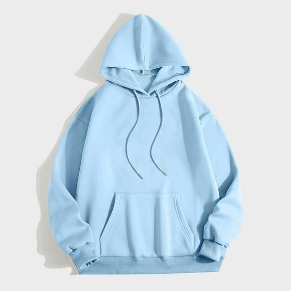 HAOTAGS Casual Long Sleeve Hoodie Solid Pullover for Women Loose fit Fall Sweatshirt with Pocket Light Blue Size S