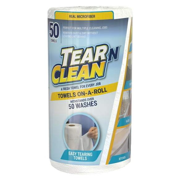 Tear-N-Clean Reusable Multi-Purpose Microfiber Cleaning Towels on a Roll, 50 Count, White