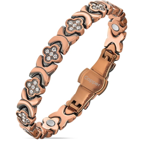 MagnetRX Women's 99.9% Pure Copper Magnetic Link Bracelet, Adjustable 8-Inch Clover Design