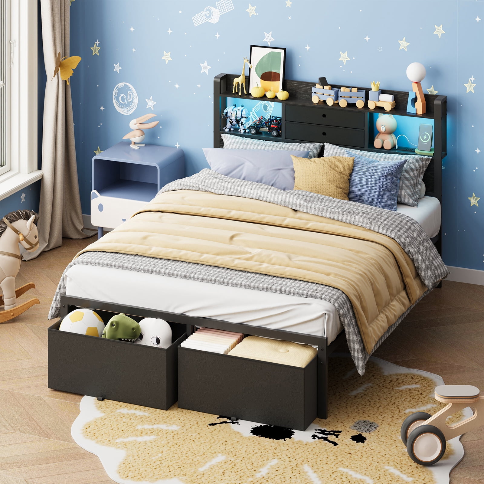 Fairy Full Size Bed Frame with Storage Headboard, LED Lights and Charging Station, Metal Platform Bed with 2 Drawers, No Box Spring Required, Black