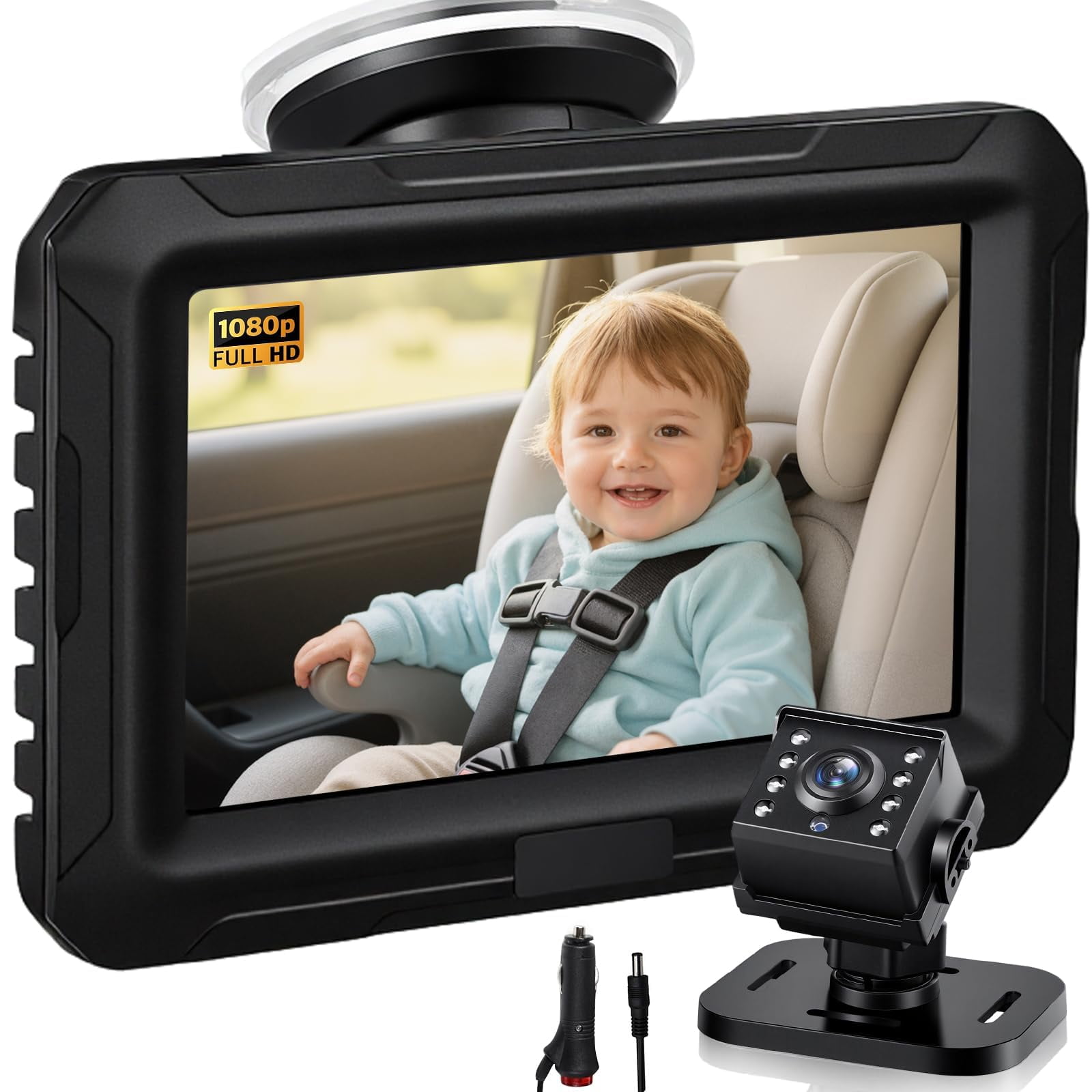1080P Baby Car Mirror Camera for Rear Facing Seat, USB/Type-C Port 4.3" Backseat Headrest Carseat Camera Monitor with HD Night Vision for Baby Safety in Car, 150° Wide View Angle, 360° Rotatable