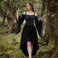 thumbnail image 4 of High Low Hem Fantasy Dress, Off Shoulder Gothic Witch High Low Dress, Flared Bell Sleeve Lace Up Renaissance Medieval Costume Dress for Halloween Cosplay Party, Black M, 4 of 6