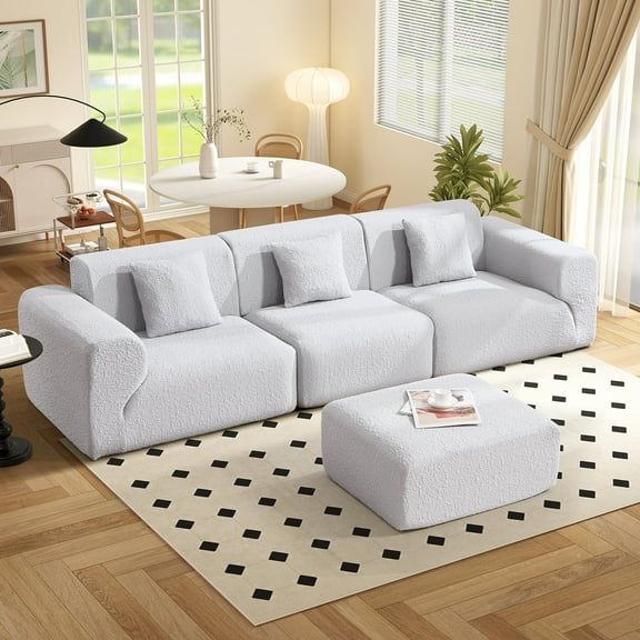 Bonzy Home 114.2" Cloud Modular Sectional Sofa with Movable Ottoman, Deep-Seat All-Foam Floor Couch, Breathable Textured Fabric, No Assembly Required, Light Gray