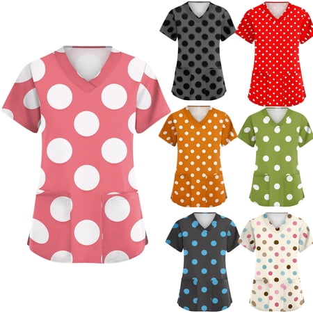 Womens Scrubs Tops Polka Dots V Neck Plus Size Scrubs Tops Nursing Stretchy Holiday Short Sleeve Casual Side Slits Uniform Workwear With Pockets Pink L