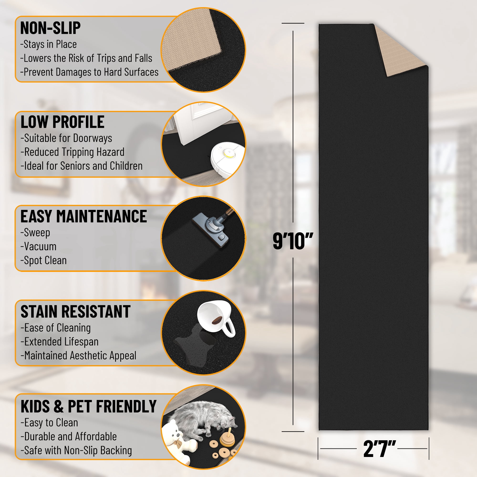 Sweet Home Stores Non-Slip Rubberback Solid 3x10 Runner Rug, 2'7" x 9'10", Black