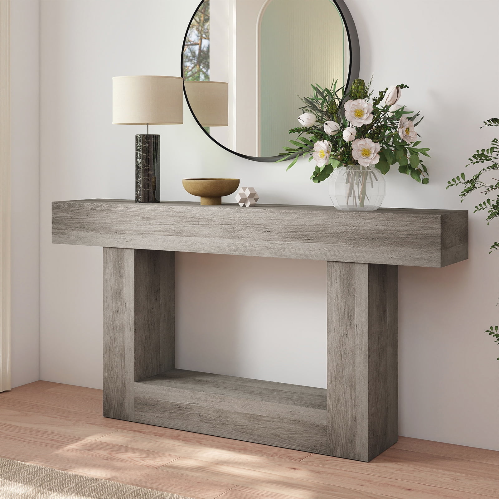 Demi Bonn 63" Wood Console Table, Farmhouse 2-Tier Sofa Table Entryway Table, Foyer Display Table, Gray