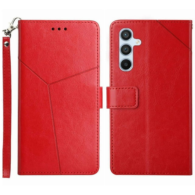 For Samsung Galaxy A56 Case Y-Shaped Lines Imprint Leather Phone Cover - Red