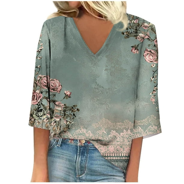 Blusa de Manga Corta Mujeres Cuello en V de Verano Impreso, Top Regular Casual Sexy para el Hogar Y el Uso Diario