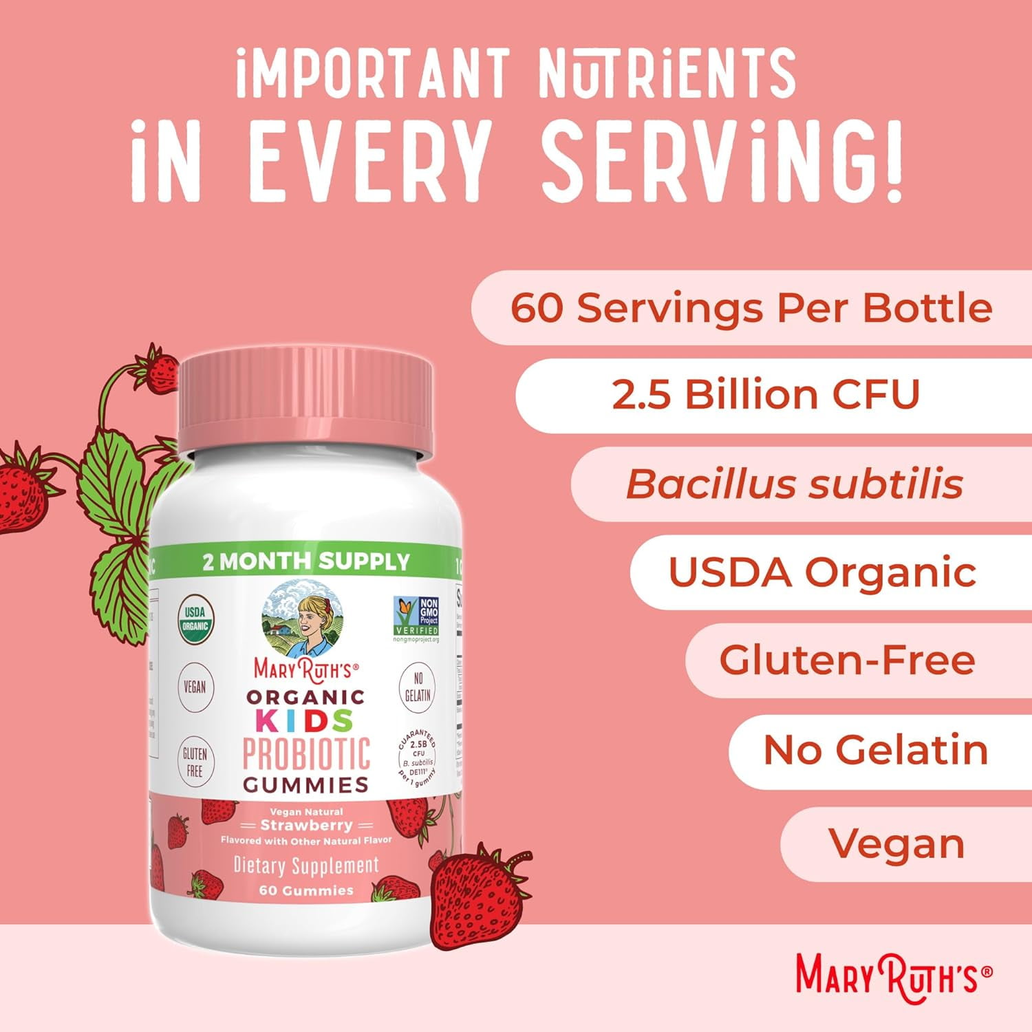 MaryRuth's Kids Probiotic Gummies USDA Organic Strawberry Flavor Vegan Dairy-Free Gluten-Free 60 Count