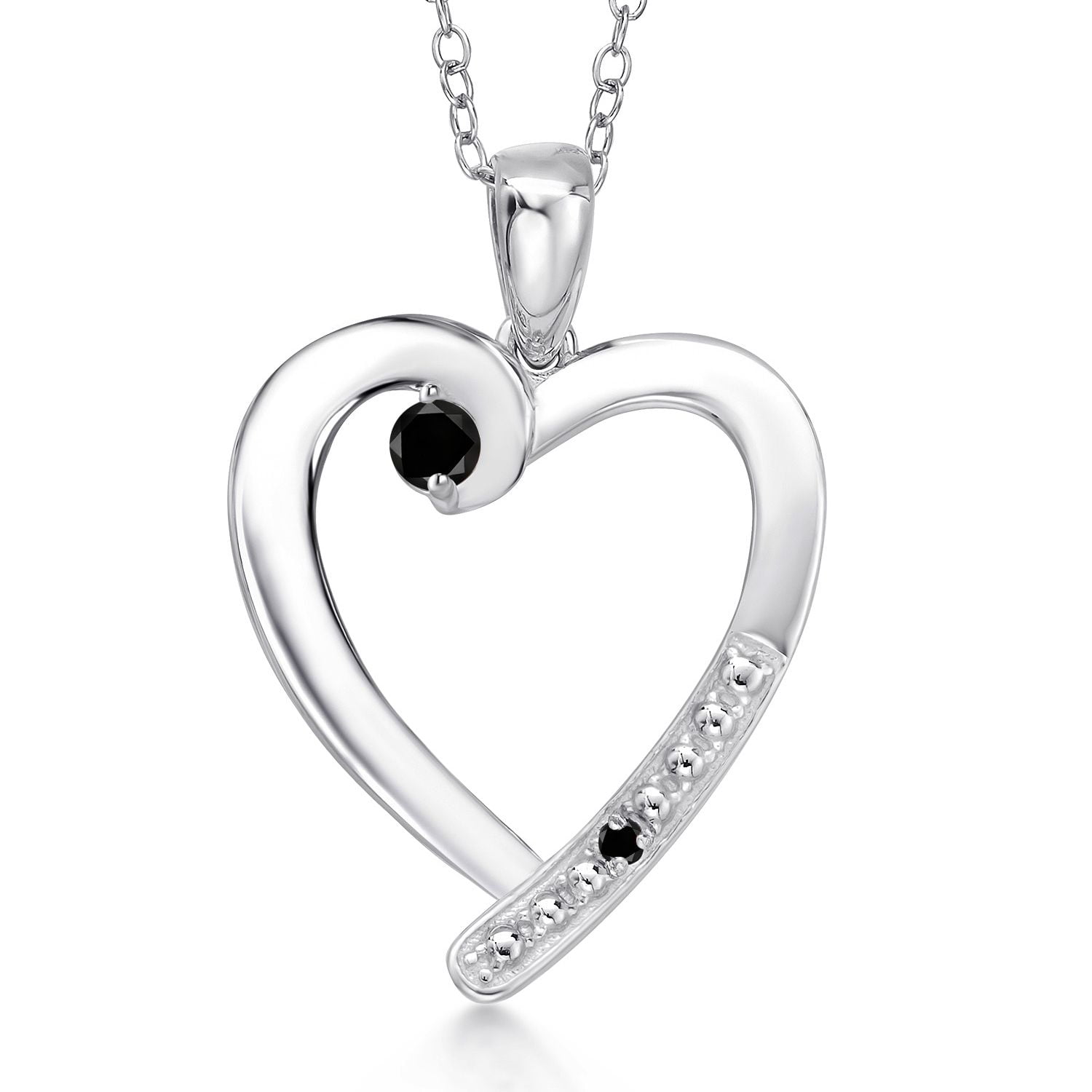 Gem Stone King 925 Sterling Silver Black Diamond Heart Pendant Necklace for Women | 0.19 Cttw | Gemstone April Birthstone | Round 3.5MM | With 18 inch Chain