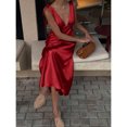 thumbnail image 3 of Red Satin Bow Strap Deep V-Neck Maxi Dress For Formal Events, Parties, Weddings, Galas, 3 of 8