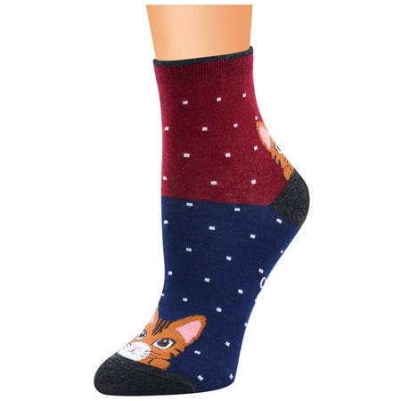 

LINMOUA Lady Fashion Women Girls Stripe Cat Cotton Middle Tube Socks Stockings Wine