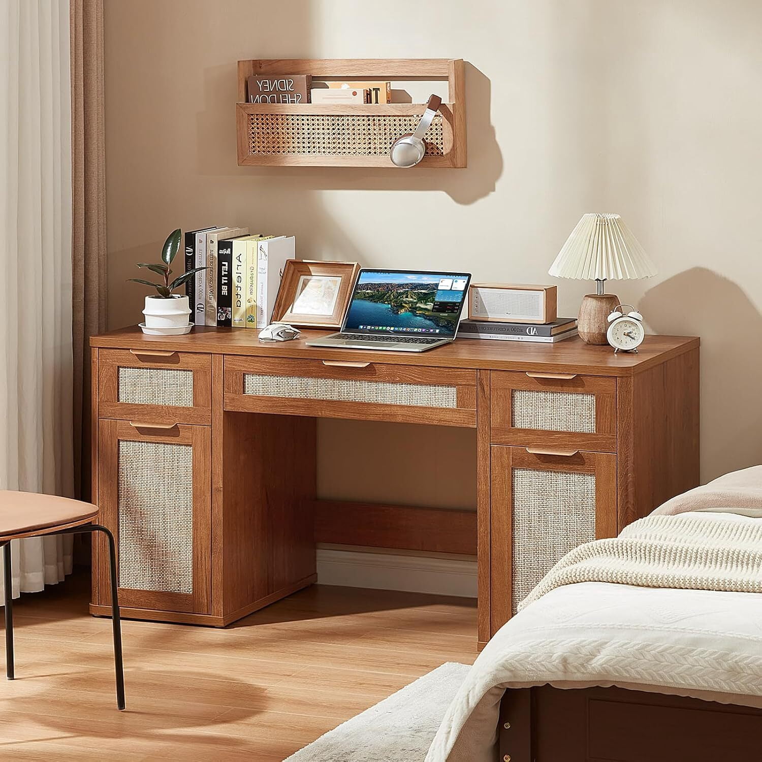 LEYAOYAO 56" Rattan Computer Desk with 3 Drawers & 2 Storage Cabinets, Boho Executive Desk, Modern Writing Desk for Home Office Bedroom, Tea Brown