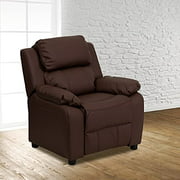 BizChair Deluxe Padded Brown LeatherSoft Kids Recliner with Storage Arms