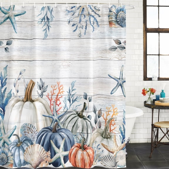 Pumpkin Coastal Waterproof Shower Curtain, Large 72"x78" Washable Polyester Fabric Shower Curtains for Bathroom, Blue Thanksgiving Starfish Shell Fall Decorative Bathtub Curtain Sets with Hooks