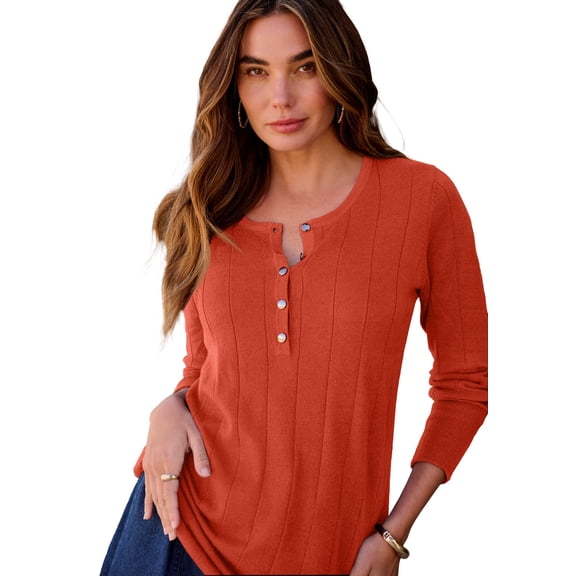 Roaman's Women's Plus Size Drop Needle Henley Lightweight Sweater Knit
