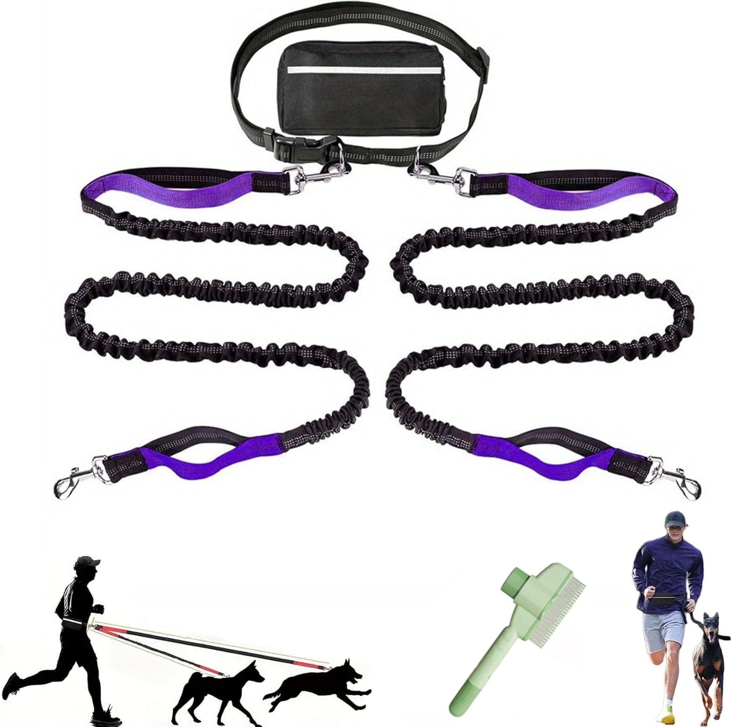 Upliftjoys Dog Leash,Upliftjoys Hands Free Dog Leash with Multifunctional Pouch,Adjustable Waist Belt,Shock Absorbing Bungee Leashs for Small＆Large Dogs (Blue, Double Rope)