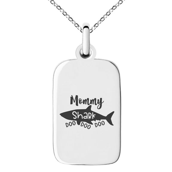 Stainless Steel Mommy Shark Small Rectangle Dog Tag Charm Pendant Necklace