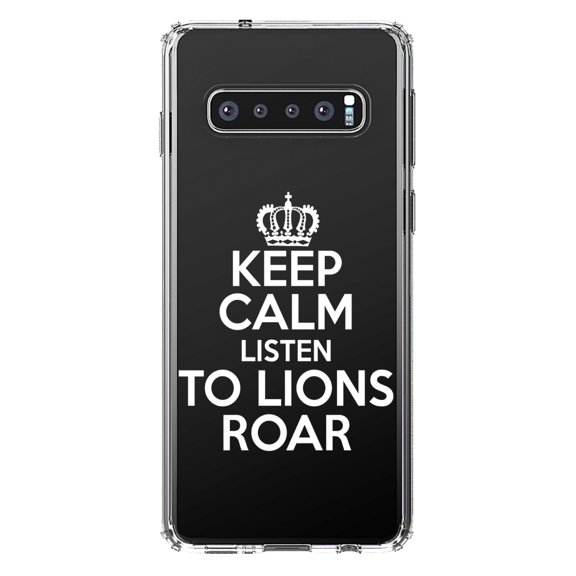 DistinctInk Clear Shockproof Hybrid Case for Samsung Galaxy S10 (6.1" Screen) - TPU Bumper Acrylic Back Tempered Glass Screen Protector - Keep Calm Listen to Lions Roar