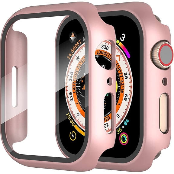 PINHEN 2 Pack Hard PC Case with Tempered Glass Screen Protector Compatible with Apple Watch Series 4 Series 5 Series 6 SE 44mm, Scratch Resistant Overall Protective Cover for iWatch, Rose Gold