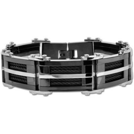 Steel Art Men's Stainless Steel Matte and Polish Finished Black PVD Bracelet with Multiple Black Inlayed Cables and A Single Steel-Tone Strip Going Down the Middle, 9