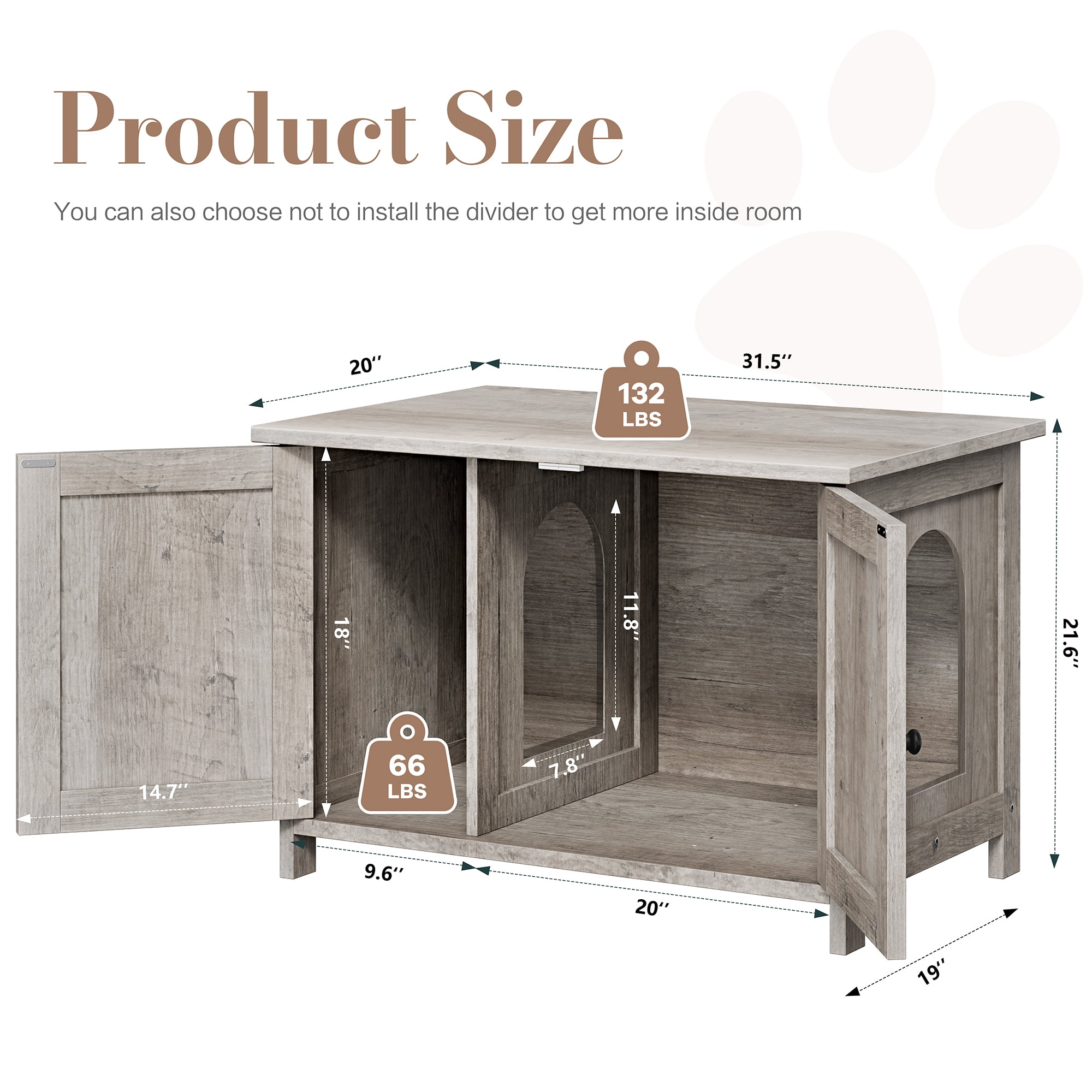 Walsunny Hidden Cat Litter Box Cat Washroom with Double Removable doors and Divider Indoor for Living Room Gray