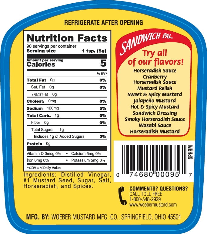 (4 pack) Woeber's Sandwich Pal Mustard Horseradish, 16 oz Squeeze Bottle