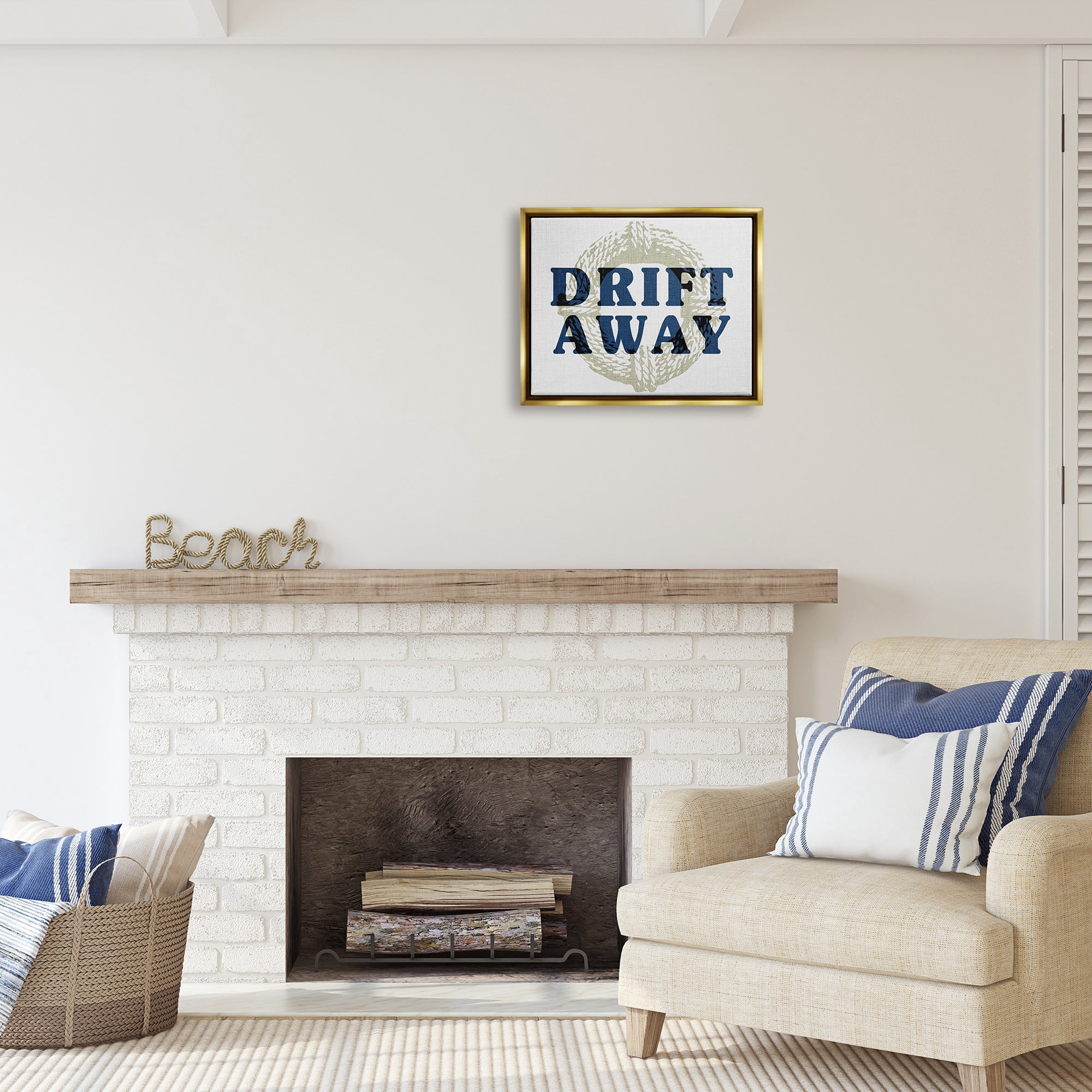 Stupell Industries Drift Away Maritime Phrase Nature Painting Gold Floater Framed Canvas Art Print Wall Art, 21 x 17