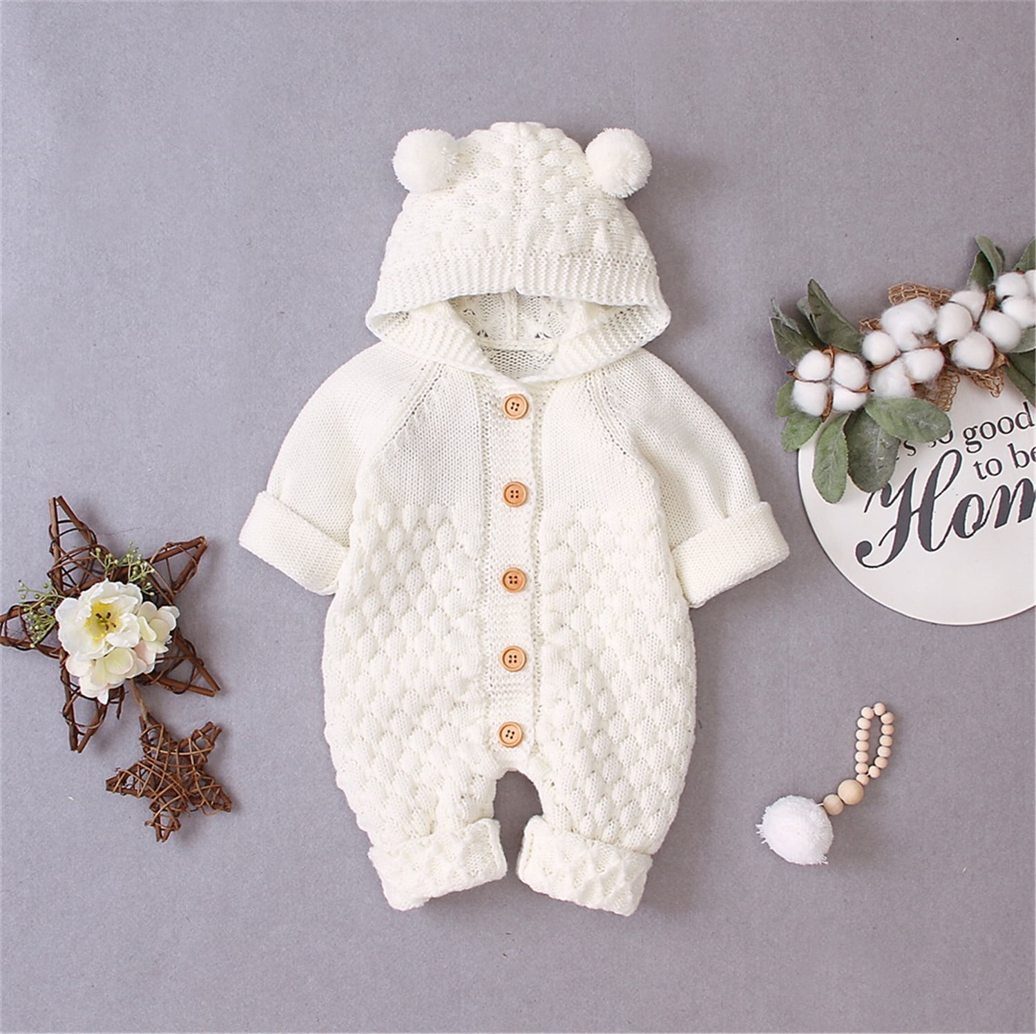 Izhansean Newborn Baby Boy Girl Bear Ear Knit Romper Hooded Wool Sweater Jumpsuit Outfits White 0 6 Months Walmart