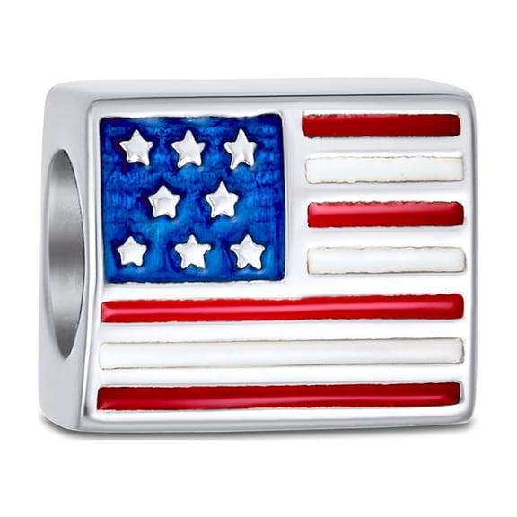 Bling Jewelry Womens .925 Sterling Silver Red White Blue Stripe USA Patriotic Flag Star Charm Bead for Bracelet