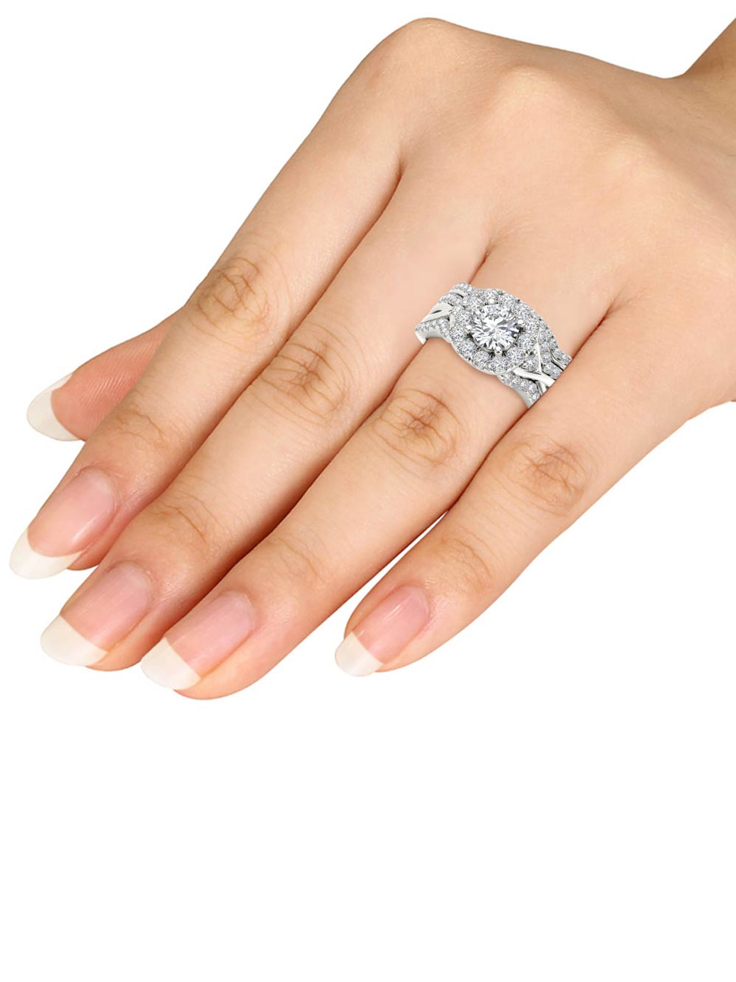 1-1/4 Carat T.W. Diamond Criss-Cross Shank Halo 14kt White Gold Engagement Ring Set