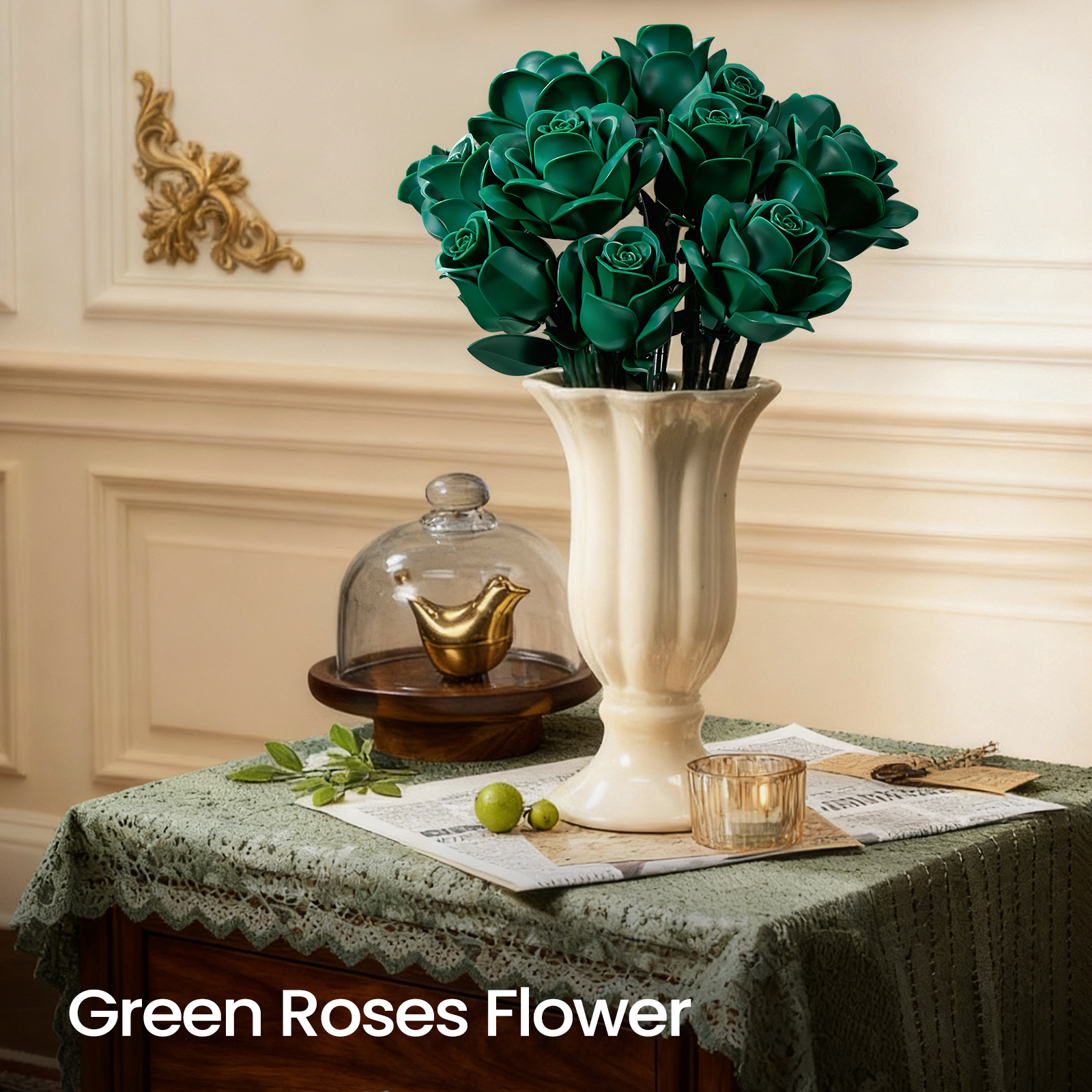 Green Rose Bouquet Building Set, Green Flowers for Adults Women, Botanical Collection Gift for Christmas & Valentines - Artificial Plant Gothic Home Decor