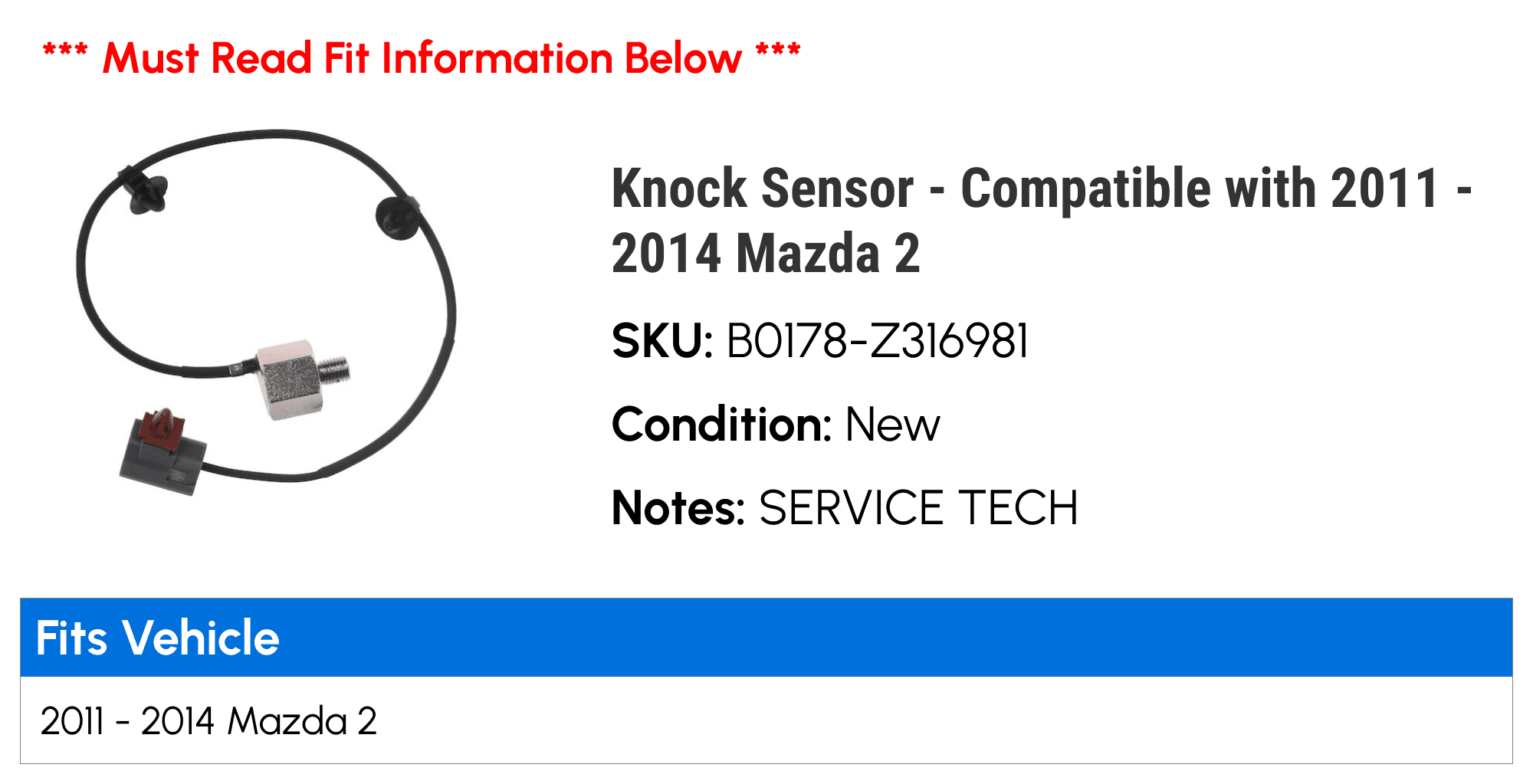 Knock Sensor - Compatible with 2011 - 2014 Mazda 2 2012 2013