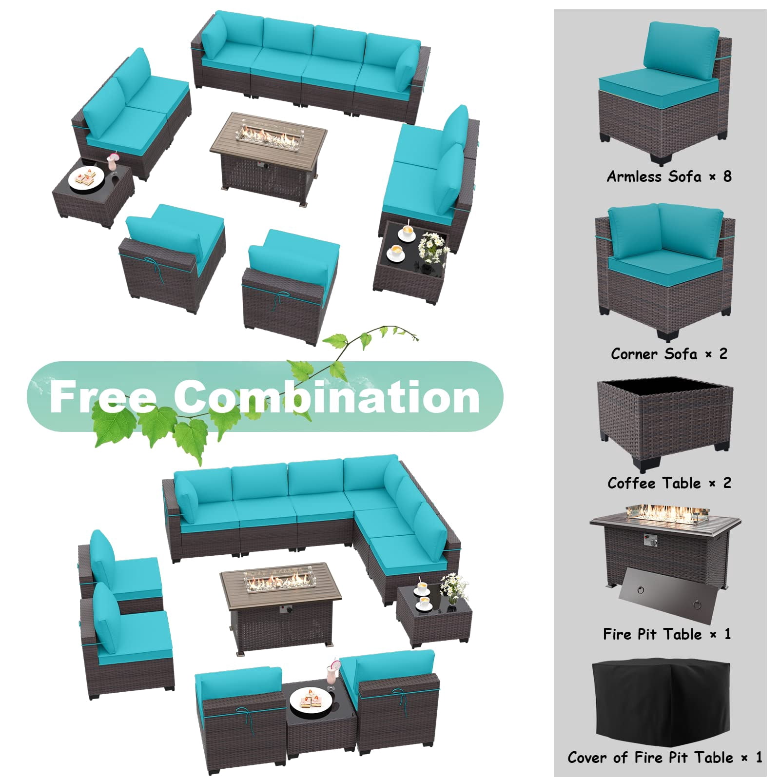 ALAULM 13 Piece Patio Furniture Set,Wicker Rattan Outdoor Sectional Sofa Set with Gas Fire Pit Table & Coffee Table,Blue