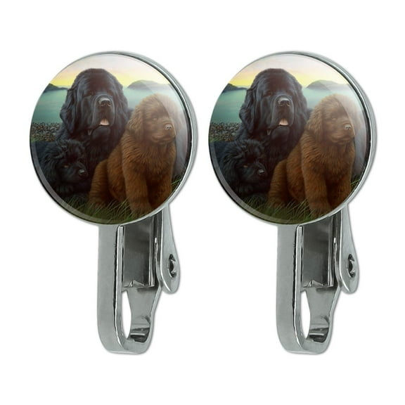 Newfoundland Dogs Puppies Countryside Novelty Clip-On Stud Earrings