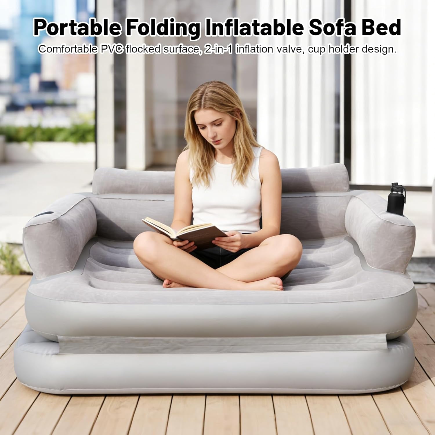 Full Size Inflatable Sofa Bed with Air Pump,2-in-1 Blow-Up Couch and Folding Air Mattress Bed for Home,Camping,and Guests