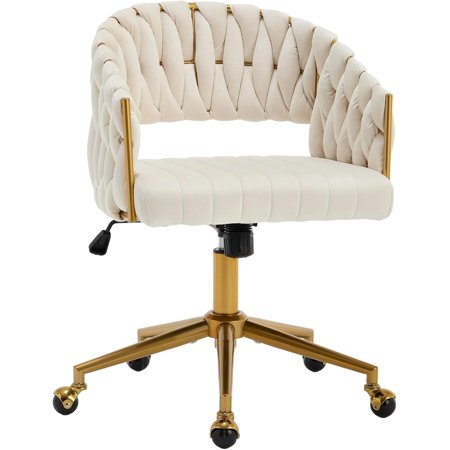 Home Office Desk Chairs, Modern Comfy Chair with Hand Woven Hollow-Out Back, Height Adjustable Swivel Chair with Upholster for Makeup Vanity Living Room