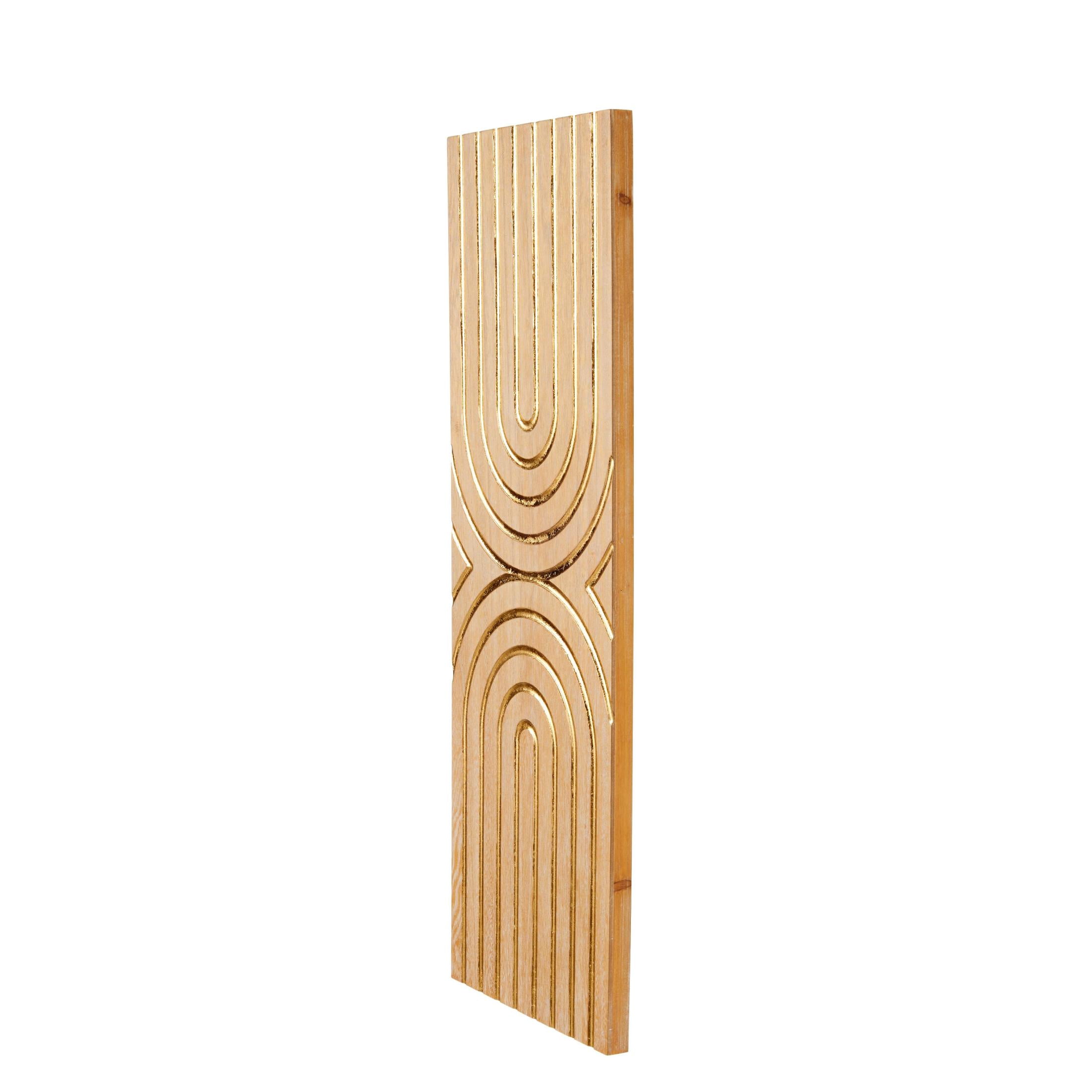 DecMode Light Brown Wood U Shapes Panel Geometric Wall Decor with Overlapping Gold Arches