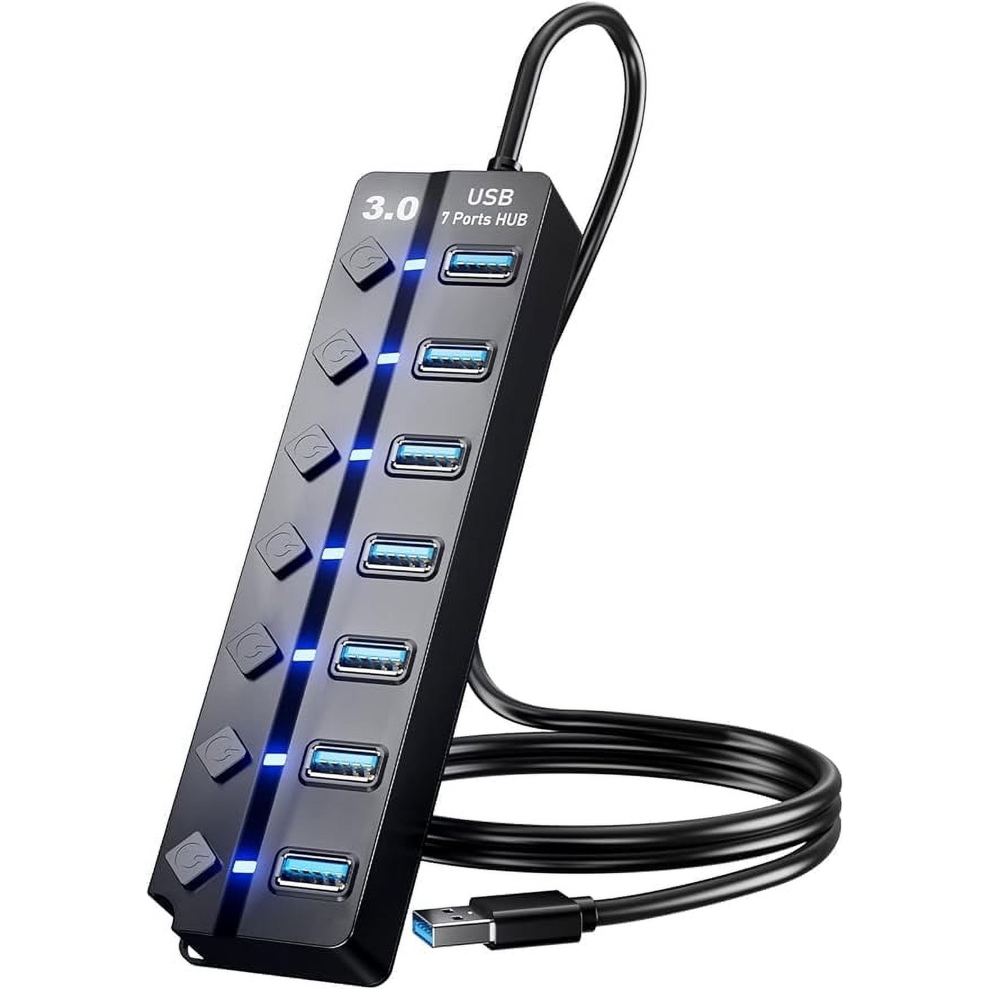 USB 3.0 Hub, 7-Port USB Data Hub Splitter with 3ft Long Cable USB Extension for Laptop,PC Computer,Surface Pro, PS4/5, Flash Drive, Mobile HDD - with LED Individual On/Off
