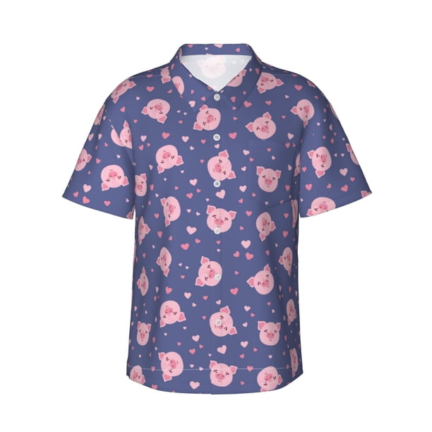 Fotbe Cute Pig Camisa Hawaiana para Hombre Unisex – Camisa Casual de Verano con Botones de Manga Corta de Algodón y Lino,Medium