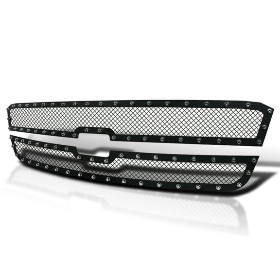 Spec-D Tuning Rivet Style Mesh Black Upper Main Grille Inserts 2Pc Compatible with 2003-2006 Chevy Silverado Avalanche