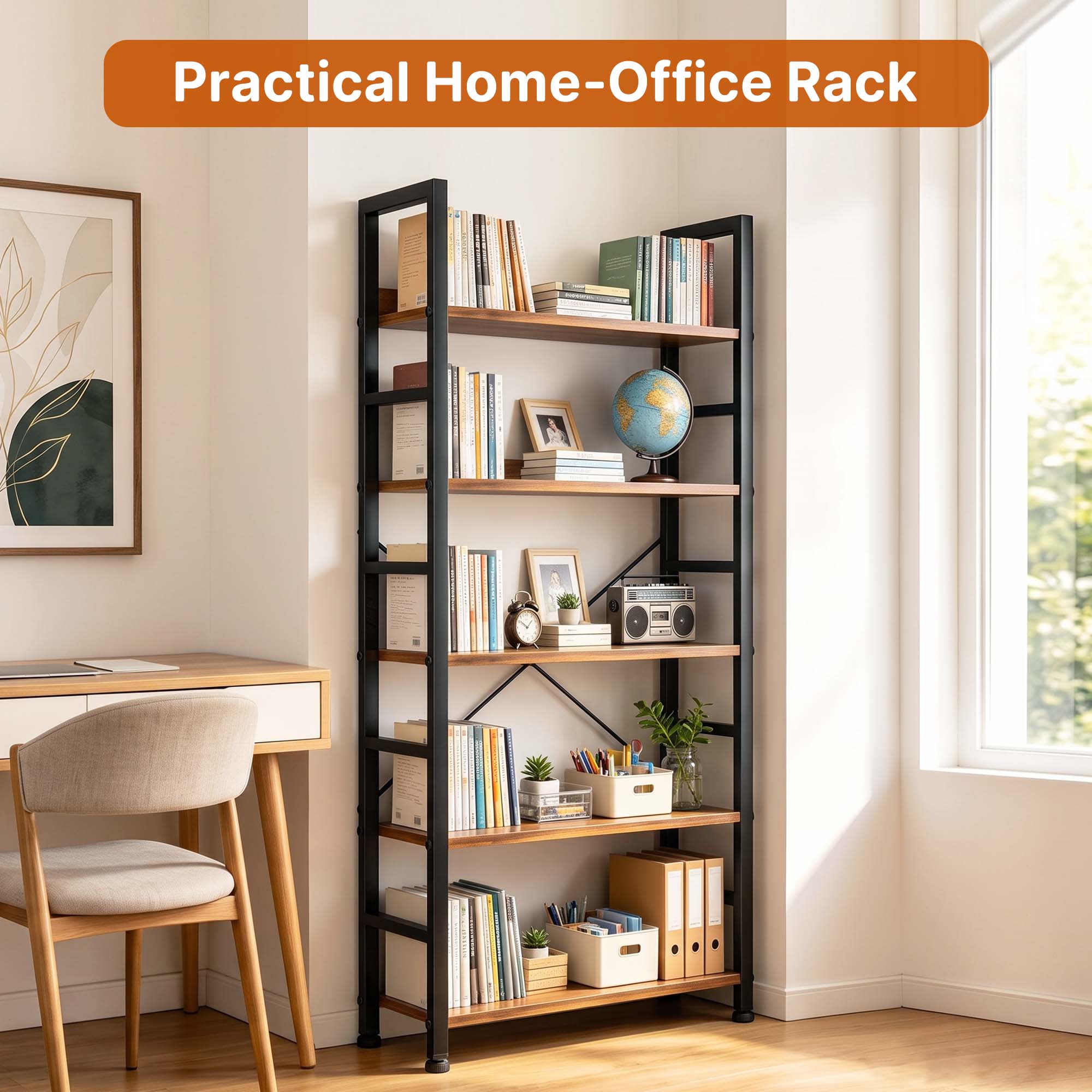 Atilioo 5-Tier Bookcase, 62 Inches Tall, Rustic Brown photo 3
