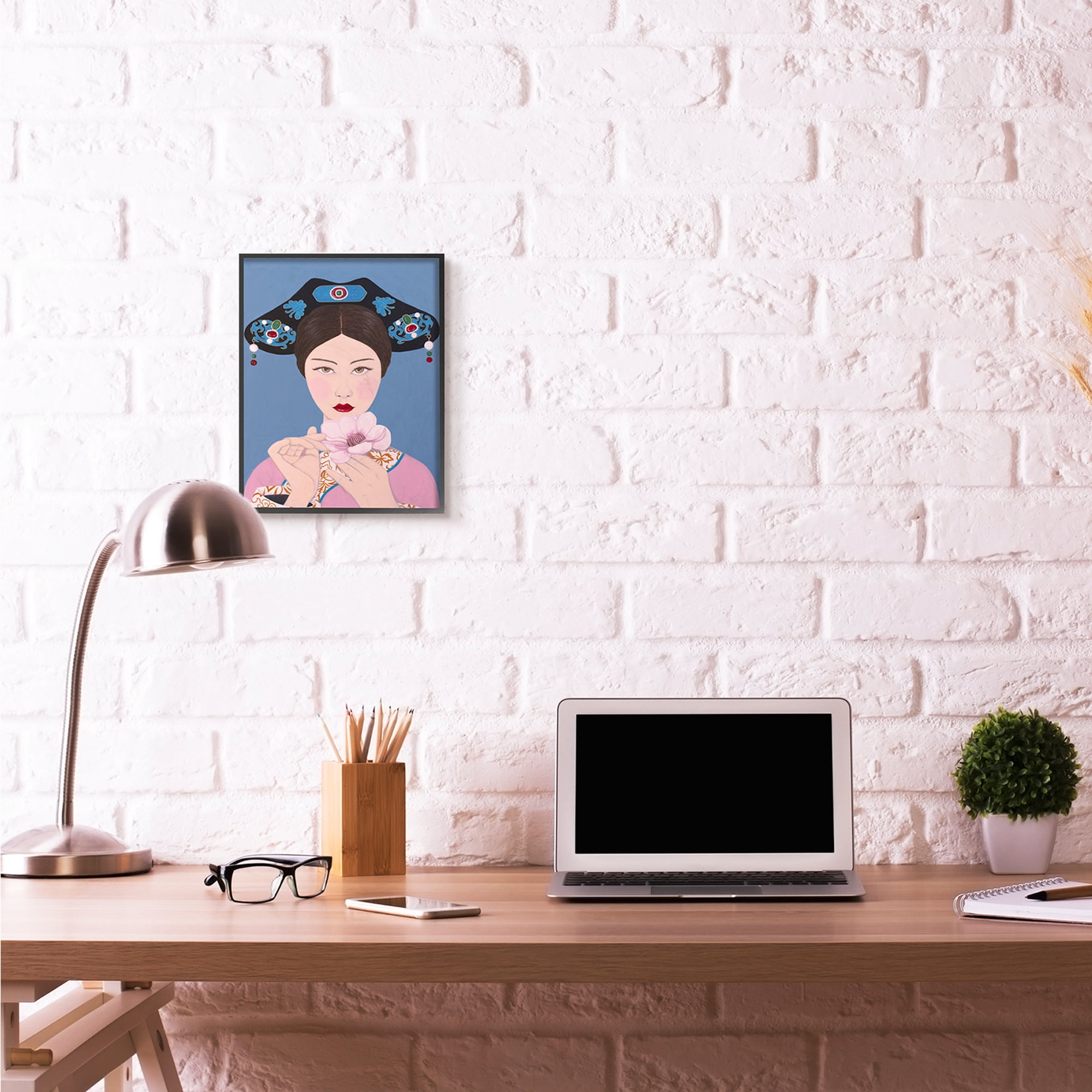 Stupell Industries Chinese Woman And Flower Pink Blue Painting Black Framed Art Print Wall Art, 11x14, by Sally B