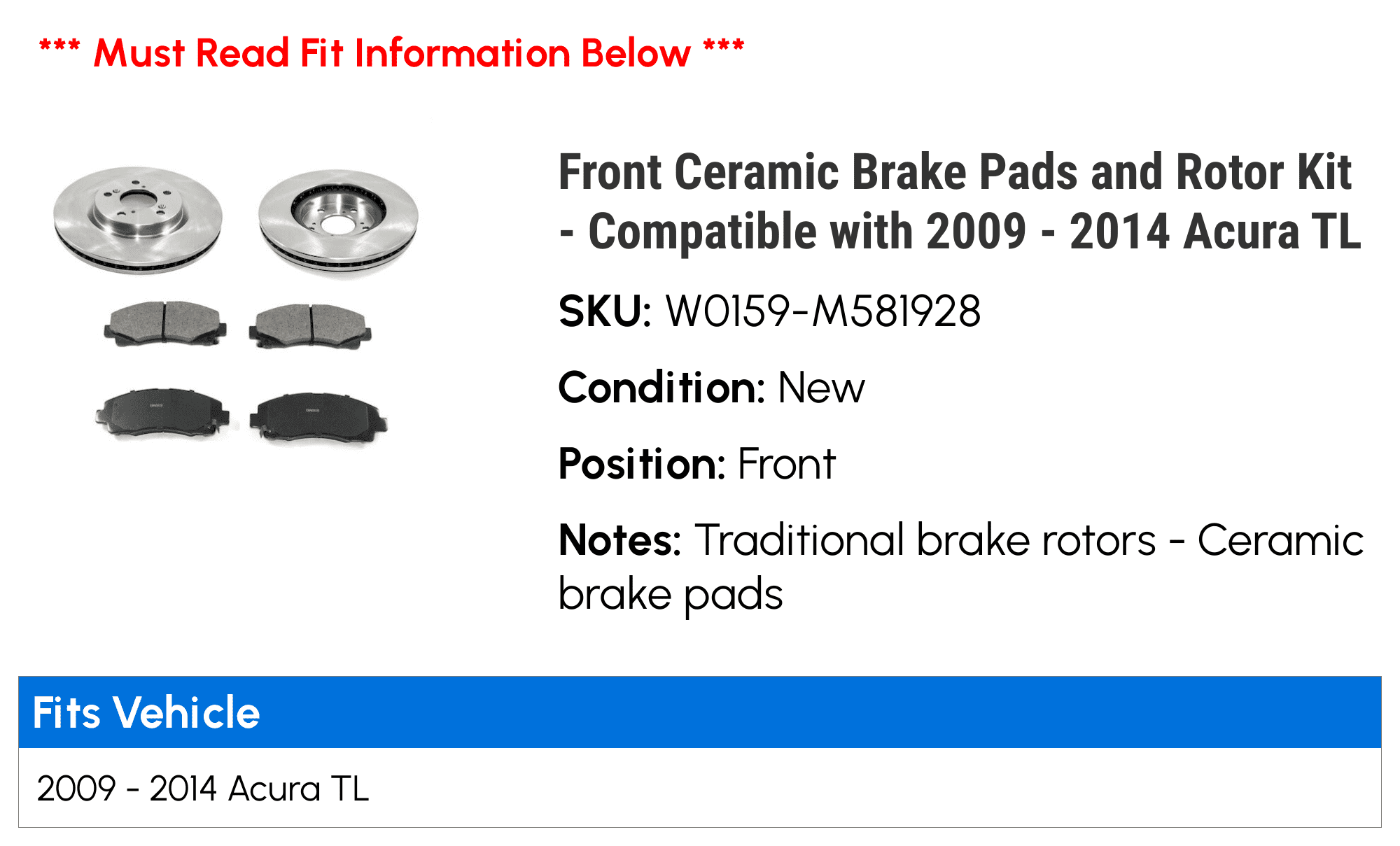Front Brake Rotors And Ceramic Pads For 2009 2010 2011 2012 2013 2014 ACURA TL