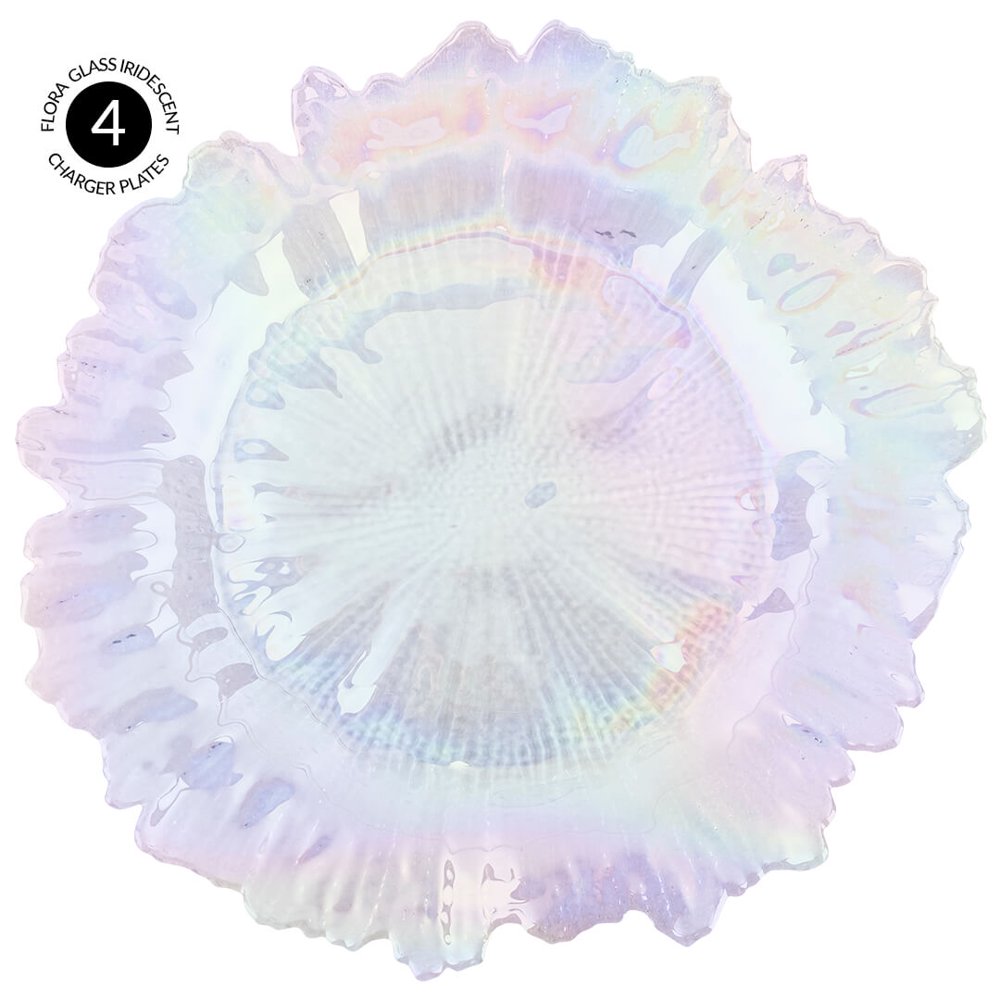 Koyal Wholesale Bulk Flora Glass Charger Plates, Set of 4, Iridescent