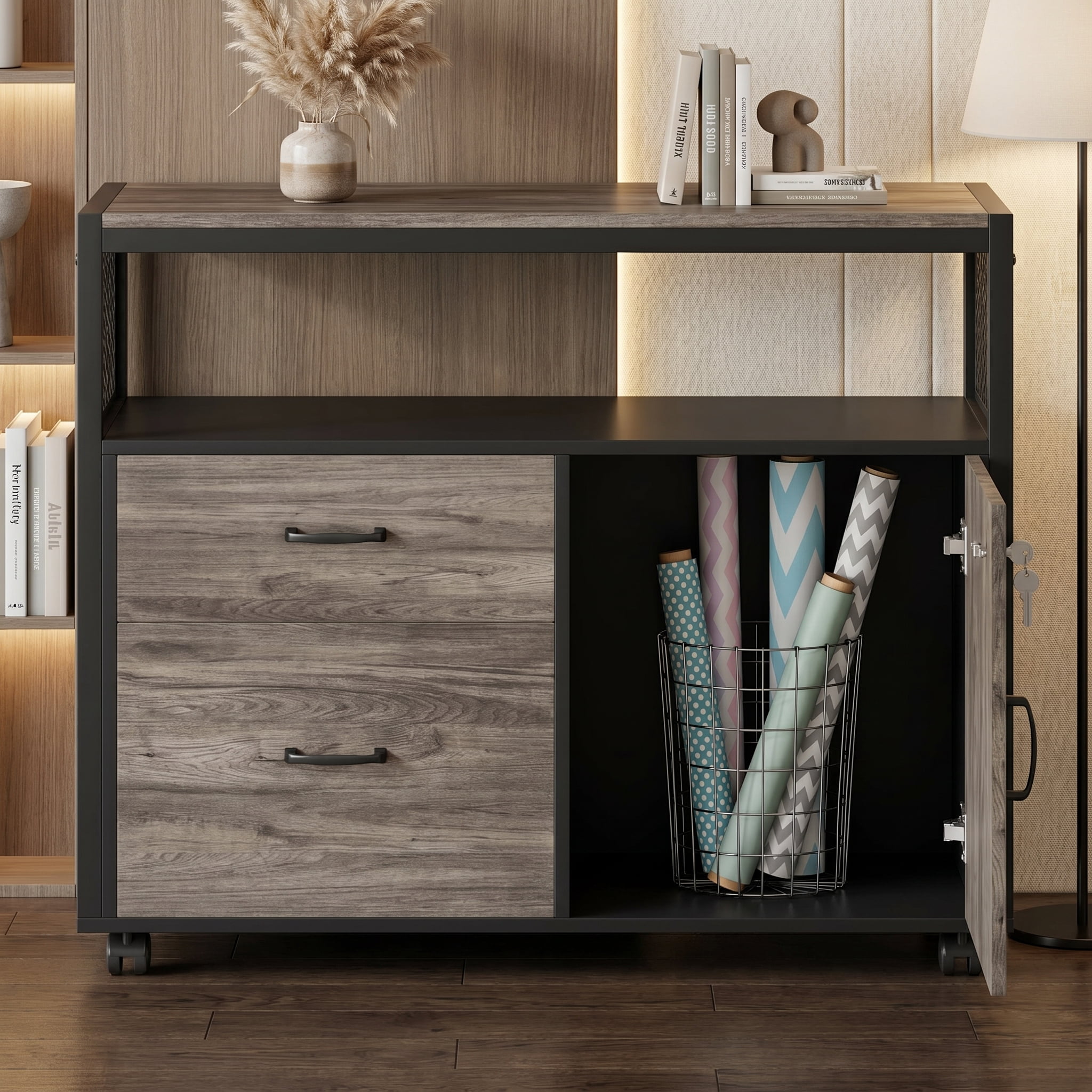Fnova Modern File Cabinet with Drawers for Letter-Sized File, Lockable Lateral Filing Cabinet with Storage Shelves with Rolling Caster, Grey