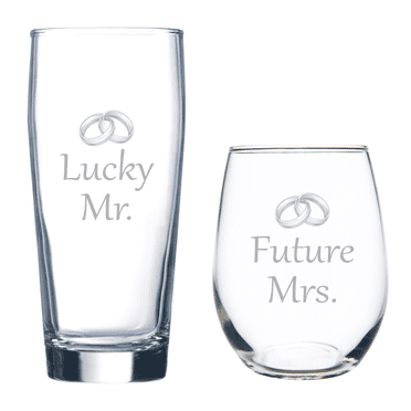 Lucky Mr. and Future Mrs. Printed Beer Glass & Stemless Wine Glass Set Made from Lead-Free Crystal-Clear Glass – Ideal Engagement Gift for Couples (LF2) (set of 2)