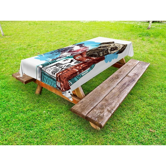 Pug Outdoor Tablecloth, Sketch Style Dog with Winter Clothes Scarf Sweater Mountains Background Open Sky Image, Decorative Washable Fabric Picnic Tablecloth, 58 X 120 Inches, Ruby Blue, by Ambesonne